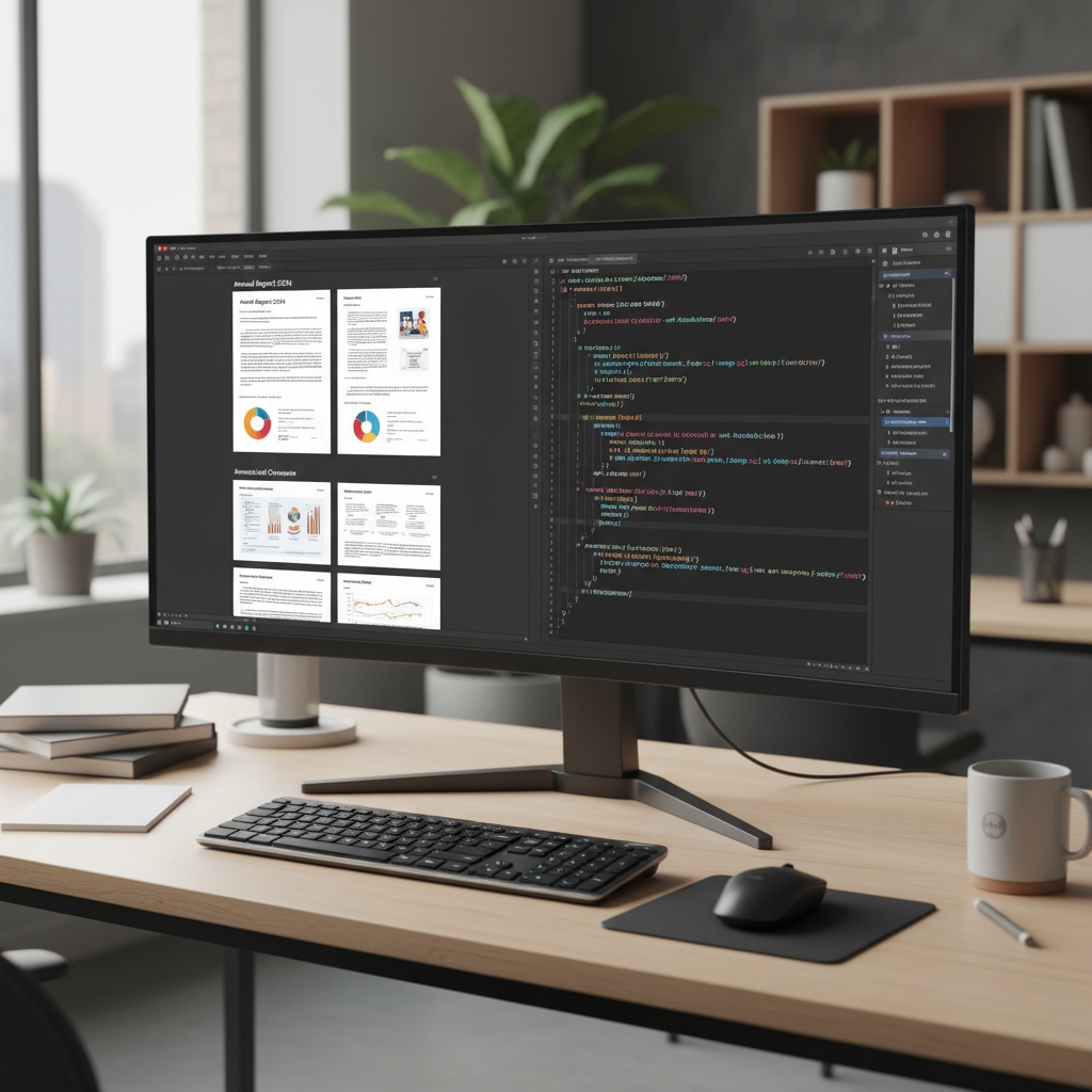 PC monitor showing visual and code views of a digital document
